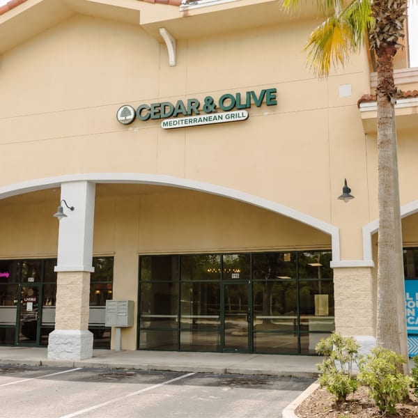 Exterior of Cedar & Olive Mediterranean Grill storefront with a palm tree and arched walkways.