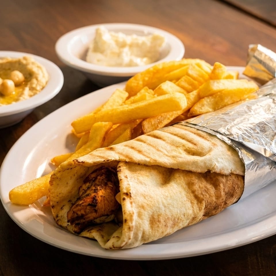 Chicken shawarma wrap with fries, hummus, and garlic sauce on a white plate.