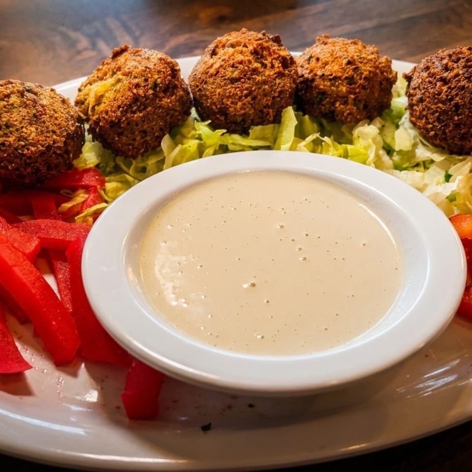 Five falafel balls on a bed of lettuce with red bell peppers, tomatoes, and a bowl of tahini sauce.