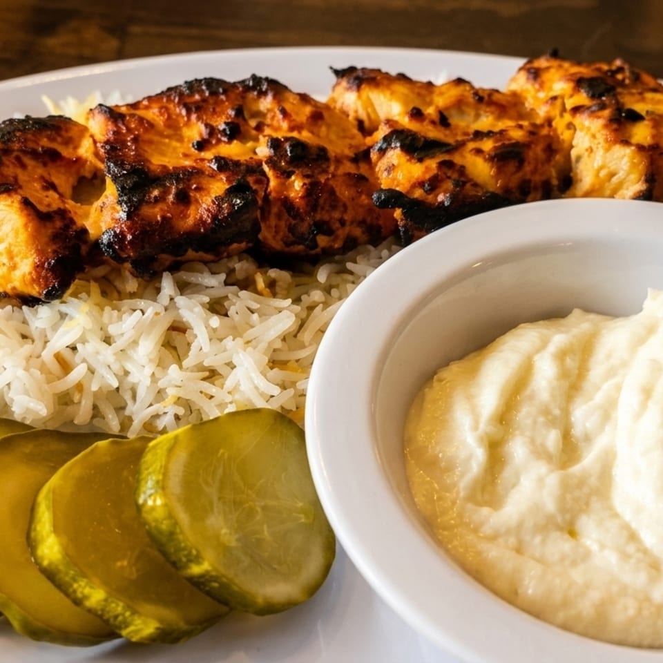 Grilled chicken skewers with rice, sliced pickles, and a side of hummus on a white plate.