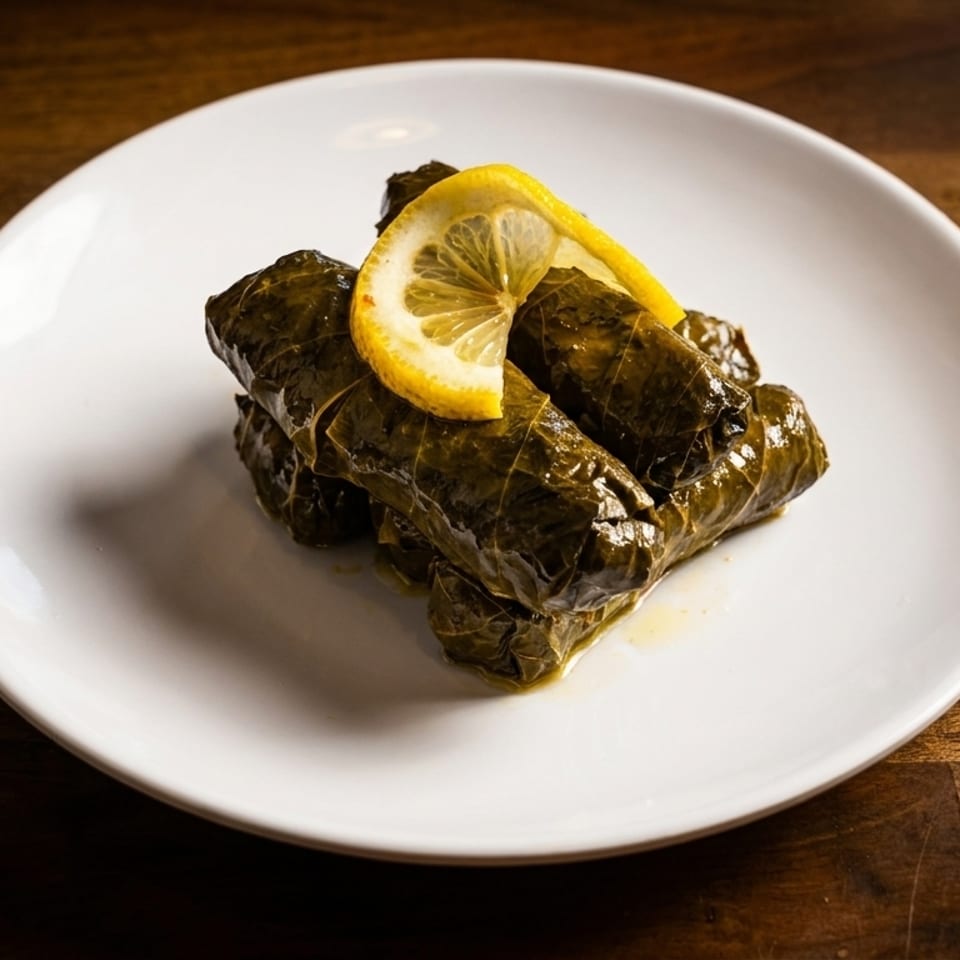 Grape leaves (dolmades) with lemon slices on a white plate, on a wooden table.