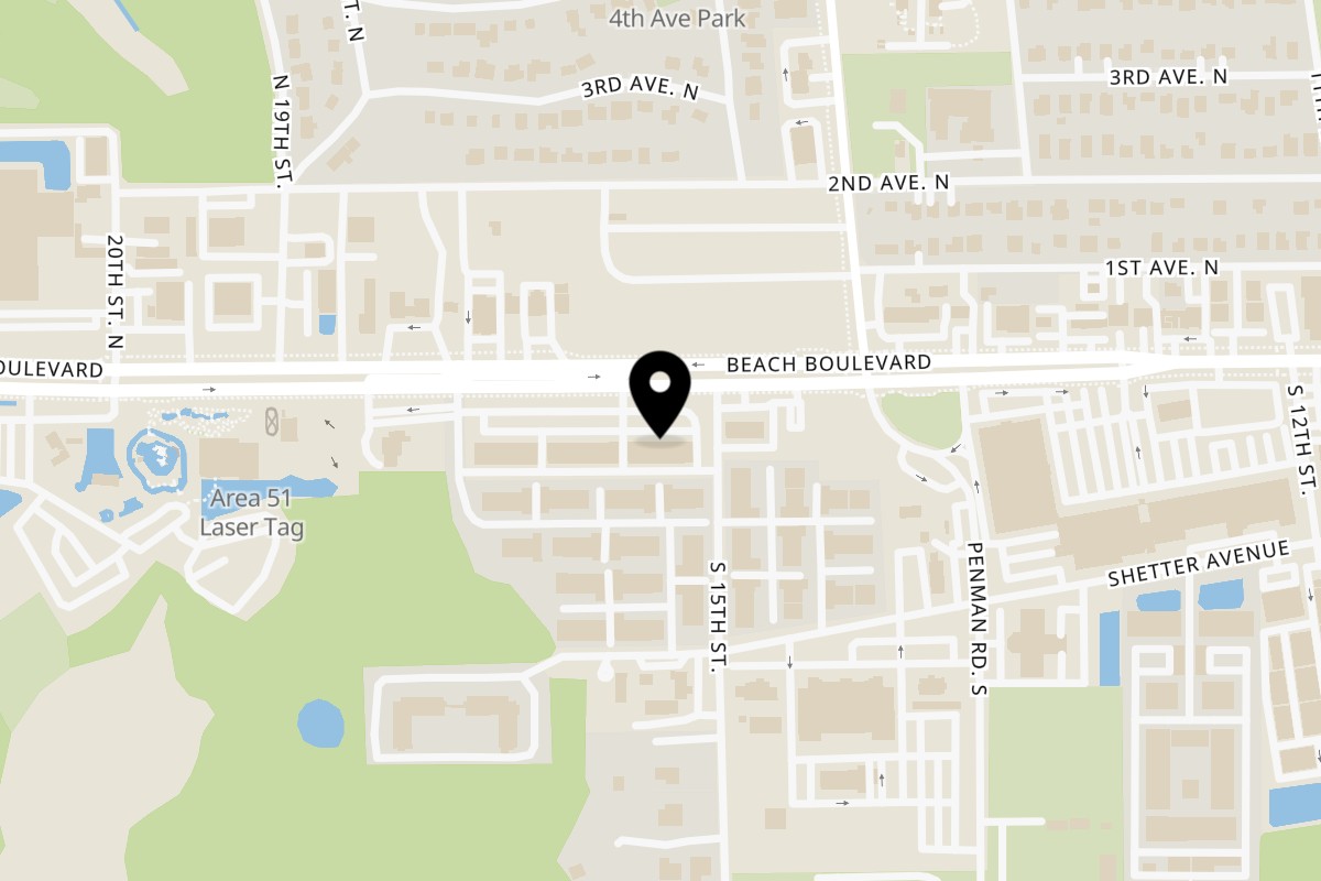Map showing the location of Cedar and Olive on 1500 Beach Blvd #115 in Jacksonville Beach